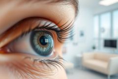 Close-up shot of a beautiful blue-green eye with long eyelashes. The eye is in focus against a blurred background of a modern office or waiting room. Warm skin tones and bright, natural lighting create a clean, professional aesthetic, suitable for eye health, beauty, or vision themes.