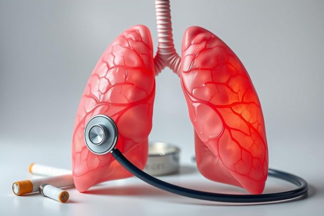 Medical illustration depicting human lungs, red in color, alongside a stethoscope and cigarettes. Represents health, respiratory issues, and the dangers of smoking. White background, clinical setting.