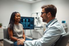 Optometrist consultation: A doctor in a white coat discusses eye health with a patient in a modern, bright clinic. Eye chart visible in background. Healthcare, vision care, and patient examination themes are present. 