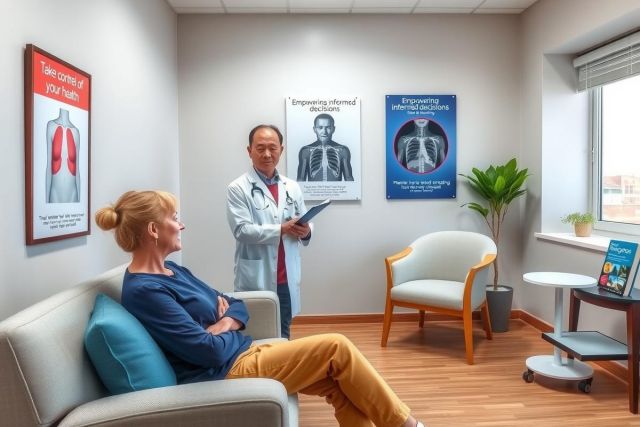 In a well-lit medical office, a patient is comfortably seated on a sofa. She is wearing casual clothing and appears relaxed. Opposite her stands a doctor dressed in a professional white coat. He holds a tablet in his hand, likely reviewing the patient's medical history or discussing treatment options. The office walls are adorned with various posters, one of which is an X-ray image. Behind the couch, there's a window allowing natural light to flood the room. Overall, the scene portrays a common and familiar interaction between doctor and patient in a professional setting.