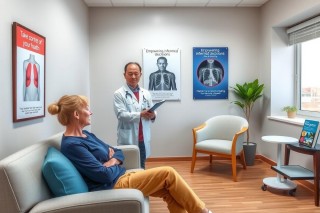 In a well-lit medical office, a patient is comfortably seated on a sofa. She is wearing casual clothing and appears relaxed. Opposite her stands a doctor dressed in a professional white coat. He holds a tablet in his hand, likely reviewing the patient's medical history or discussing treatment options. The office walls are adorned with various posters, one of which is an X-ray image. Behind the couch, there's a window allowing natural light to flood the room. Overall, the scene portrays a common and familiar interaction between doctor and patient in a professional setting.