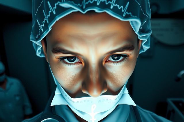The image shows a medical professional wearing surgical gear such as a cap, mask, and a gown. The individual is looking directly at the camera with a focused expression. Behind the person are typical medical equipment and lighting found in a hospital setting.