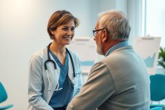 Doctor consults with elderly patient in a bright, modern clinic. A female healthcare professional wearing a blue scrubs and stethoscope discusses with a senior man. Focus on patient care and medical consultation in a professional setting.