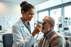 Optometrist examining a senior patient's eye in a bright, modern clinic. The scene features a professional in a white coat using an ophthalmoscope, with an eye chart visible in the background. A focus on eye care and senior health.