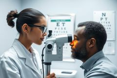 Eye exam in a medical clinic. An optometrist checks a patient's vision using diagnostic equipment. White coat, eye chart, and professional setting. Healthcare, vision care, and eye health concepts.