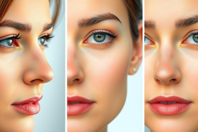 A series of four close-up images showing the progression of a woman's makeup application, focusing on her eyes and lips. The images demonstrate various stages of enhancing the appearance of her skin tone and lip color.