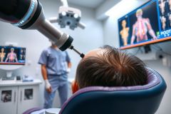 Hair transplant procedure in progress. A doctor uses a robotic arm to perform a hair restoration treatment in a modern clinic setting. Focus on precision and advanced technology.