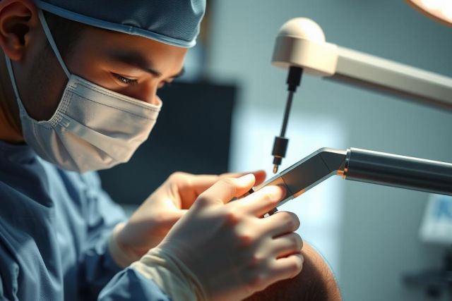 Surgeon performing a delicate procedure in a sterile operating room. Wearing surgical scrubs and mask, the focus is on the precise work being done with surgical tools. Bright, clinical lighting highlights the details.