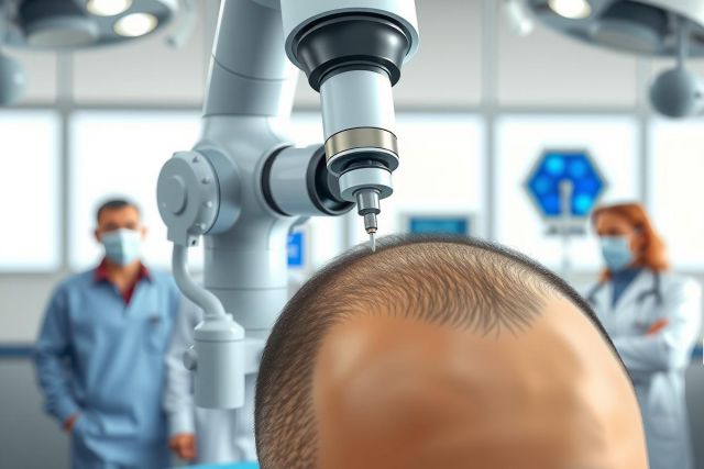 Robotic hair transplant procedure in a medical clinic. Close-up of the robotic arm extracting follicles, with doctors in the background wearing masks. Focus on precision and technology in hair restoration.