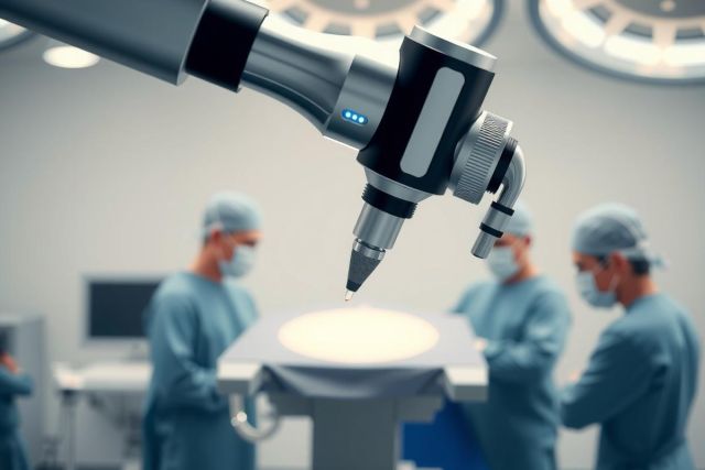 Surgical robot arm in an operating room. Medical professionals in scrubs and masks are visible in the background. Focus on precision and technology in a sterile environment.