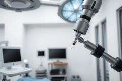 Surgical robotic arm in an operating room. Close-up of the robotic instrument, showcasing precision technology. Sterile environment with medical equipment and monitors. Focus on medical procedures and advanced healthcare.