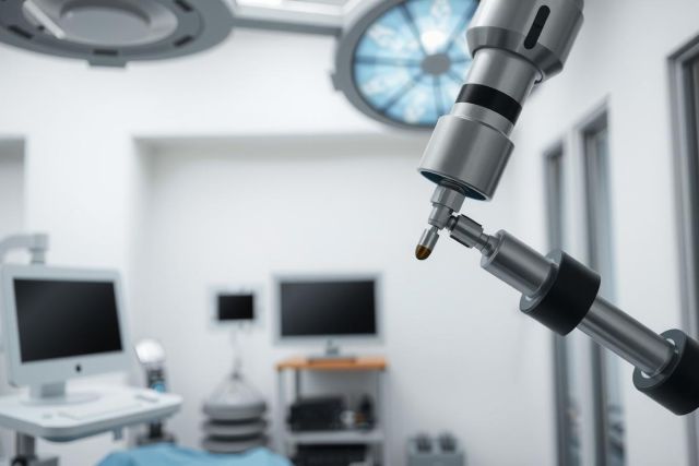 Surgical robotic arm in an operating room. Close-up of the robotic instrument, showcasing precision technology. Sterile environment with medical equipment and monitors. Focus on medical procedures and advanced healthcare.