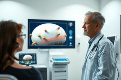 Doctor discussing medical scan results with a patient in a clinic. Healthcare professional in white coat reviewing imaging technology. Diagnostic imaging, medical consultation, patient care.