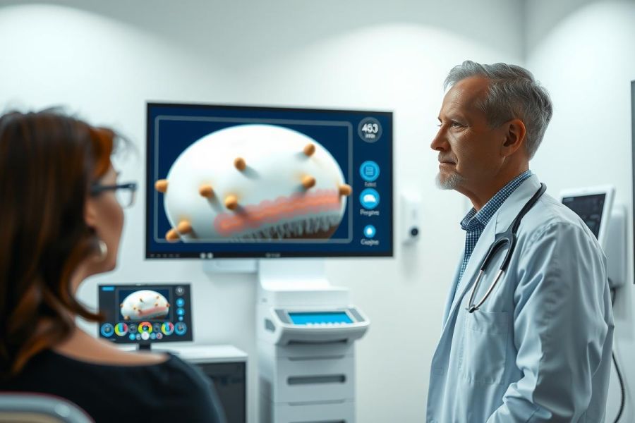 Doctor discussing medical scan results with a patient in a clinic. Healthcare professional in white coat reviewing imaging technology. Diagnostic imaging, medical consultation, patient care.
