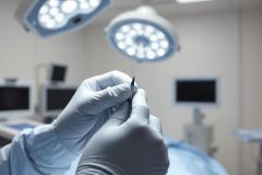 Close-up of gloved hands holding surgical instruments in a bright, sterile operating room. Medical equipment and monitors are visible in the background, illuminated by overhead lights. Focuses on surgical procedure, healthcare, and medical environment with cool blue and white tones.