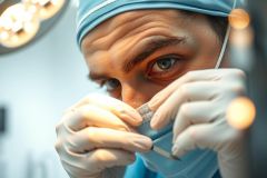 Surgeon in blue surgical scrubs and gloves holds surgical instruments. Close-up, medical environment, focus on precision and care. Healthcare professional, operating room, sterile setting.