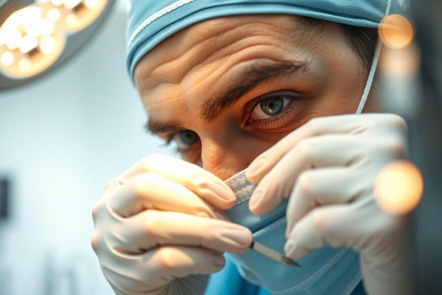 Surgeon in blue surgical scrubs and gloves holds surgical instruments. Close-up, medical environment, focus on precision and care. Healthcare professional, operating room, sterile setting.