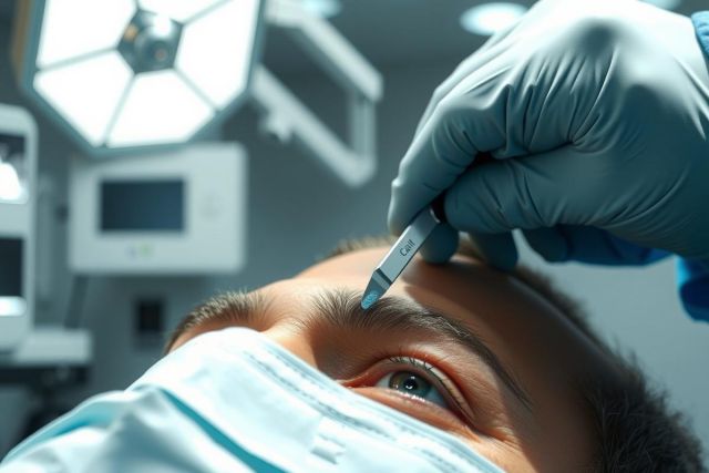 Close-up of a medical procedure, likely an eye treatment or cosmetic surgery. A gloved hand holds a surgical instrument near the patient's eye in a sterile environment. Focus on precision and medical care.