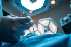Surgical scene with a doctor holding forceps. Operating room environment with bright lights and blue surgical drape. Focus on precision and medical procedure.