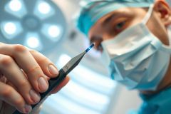 Surgeon holding surgical instrument in operating room. Focus on precision and sterile environment. Blue scrubs and focused medical professional.