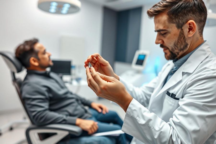 Doctor examining a patient in a modern medical clinic. Focus on eye health, with the doctor holding a lens. Clinical setting, professional healthcare, blue and white tones.