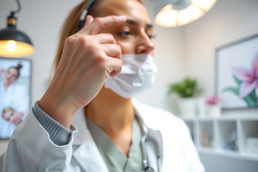 A female doctor in a white coat and mask examines a patient in a bright clinic. The scene showcases healthcare, medical examination, and a professional medical environment.