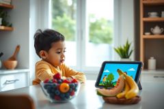 A young boy sits at a kitchen table engrossed in a tablet, with a bowl of fruit and bananas nearby. The scene is bright and airy with natural light.