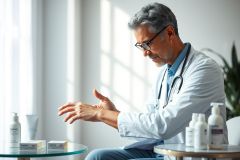 A mature doctor in a white coat examines his hand, likely discussing skin conditions. The scene features skincare products on a table in a bright, modern medical office setting. Focus on dermatology and healthcare concepts.