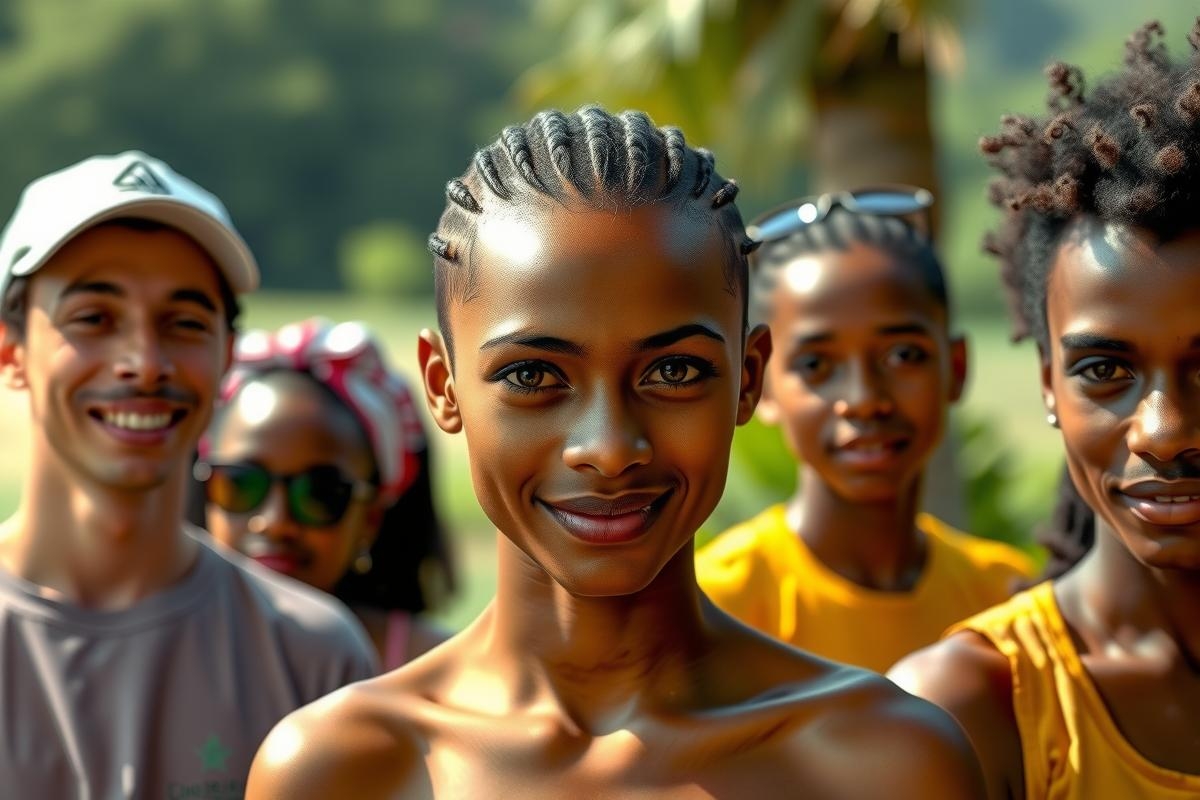 A group of people, including children and adults, gathered in a natural setting with lush greenery. They are smiling and appear to be engaging in a communal activity or event.