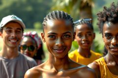 A group of people, including children and adults, gathered in a natural setting with lush greenery. They are smiling and appear to be engaging in a communal activity or event.