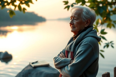 A tranquil scene with an elderly woman sitting on a rock beside a calm lake at sunset. The sky is painted with the warm hues of the setting sun, and the serene water reflects the colors of the sky. 