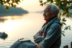 A tranquil scene with an elderly woman sitting on a rock beside a calm lake at sunset. The sky is painted with the warm hues of the setting sun, and the serene water reflects the colors of the sky. 