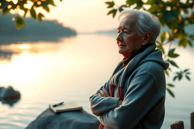 A tranquil scene with an elderly woman sitting on a rock beside a calm lake at sunset. The sky is painted with the warm hues of the setting sun, and the serene water reflects the colors of the sky. 