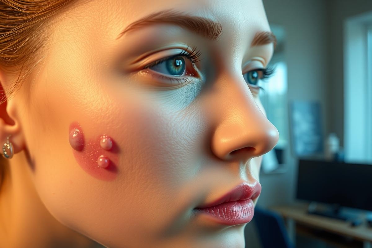 The image shows a close-up of a person's face, highlighting the makeup and skin. The individual has prominent blue eyes, fair skin, and is wearing makeup with pink and purple shades. There are two large circular markings on the cheek area which resemble acne or similar blemishes.
