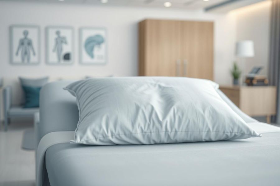 Modern hospital room interior featuring a light blue bed with a fluffy white pillow in focus. Soft, diffused lighting highlights the clean, minimalist design with wooden accents and anatomical diagrams on the wall. A serene and calming healthcare environment.