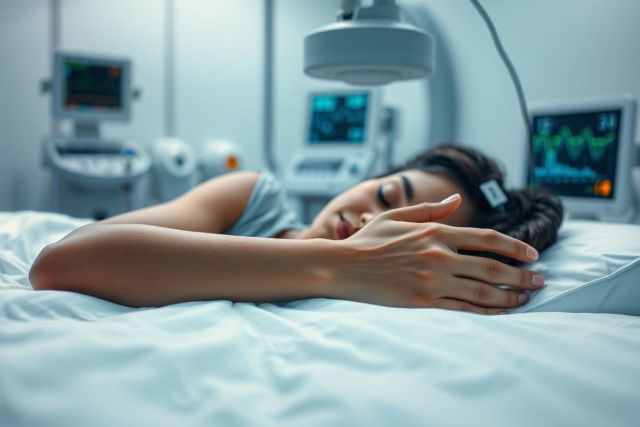 A young woman rests in a hospital bed surrounded by medical equipment and monitors. The scene features a clean, sterile environment with cool blue and white tones. Focus is on the patient's peaceful expression, suggesting recovery or post-operative care. Keywords: hospital, patient, recovery, medical, healthcare.