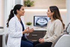 Dentist discussing dental X‑ray results with a patient in a calm clinic consultation room.