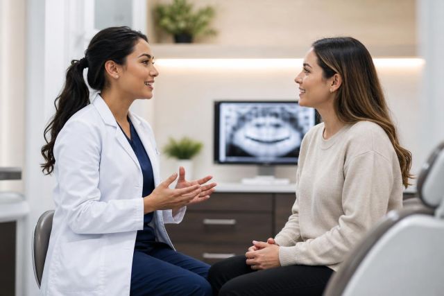 Dentist discussing dental X‑ray results with a patient in a calm clinic consultation room.