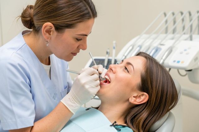 Dental hygienist examines a patient's teeth in a clinic chair, checking gums and oral health.