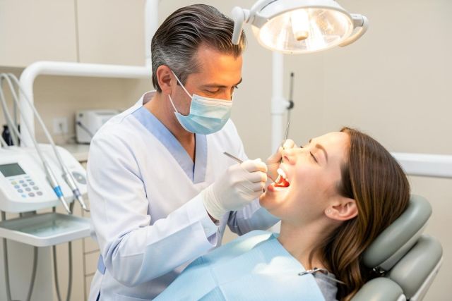Dentist wearing mask and gloves examining a reclining patient's open mouth under an overhead dental light.