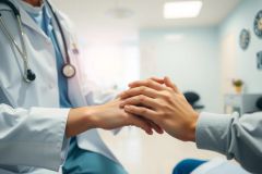 Doctor comforting a patient, holding hands. Healthcare professional in a clinic setting, showing empathy and support. Warm colors and a reassuring atmosphere.