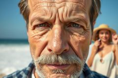 An older man with a beard stands on the beach looking directly at the camera, while a woman in a sun hat and sundress looks away. The bright ocean under a clear sky forms the background of this image.