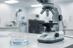 Laboratory scene featuring a microscope and beaker with blue liquid. Modern research lab setting, white and gray color palette. Science, microscopy, and scientific research equipment imagery.