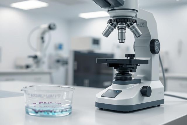 Laboratory scene featuring a microscope and beaker with blue liquid. Modern research lab setting, white and gray color palette. Science, microscopy, and scientific research equipment imagery.