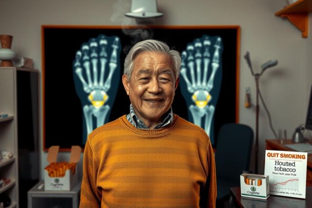 The image shows an older man with white hair, wearing a red and beige sweater. He is smiling broadly at the camera. In front of him, there's a 3D digital model of human bones displayed on a screen or projector.