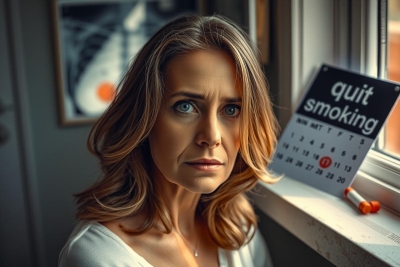 This is a photograph of a woman looking out through an open window. She has a contemplative expression on her face, and there's a sign with the message 'QUIT SMOKING' leaning against the frame of the window. The environment suggests a domestic setting, possibly indoors in a room with daylight coming through the window.