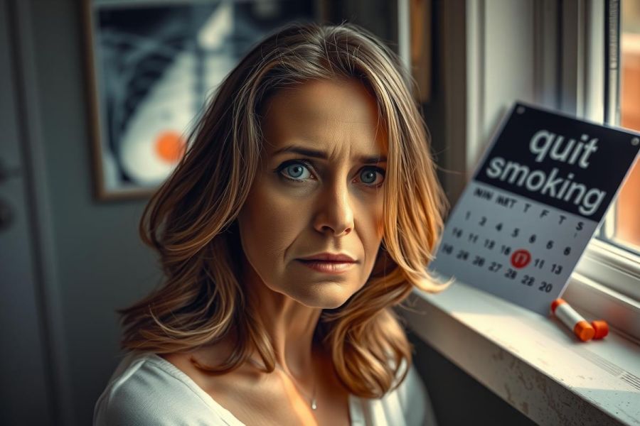 This is a photograph of a woman looking out through an open window. She has a contemplative expression on her face, and there's a sign with the message 'QUIT SMOKING' leaning against the frame of the window. The environment suggests a domestic setting, possibly indoors in a room with daylight coming through the window.