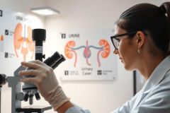 Scientist examining a microscope slide displaying a kidney diagram. Lab environment, white coat, gloves, research, medical, biology, anatomy.
