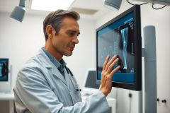 Doctor examining an X-ray on a screen in a medical facility. The image shows a professional healthcare setting with a focus on diagnostic imaging and patient care.