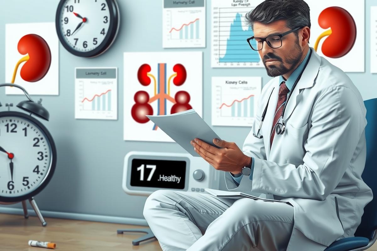 The image depicts a medical doctor seated at his desk in an office, focused on reviewing patient data. The environment includes medical-themed posters and graphs on the walls.